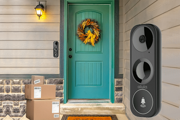 a front door and a doorbell camera