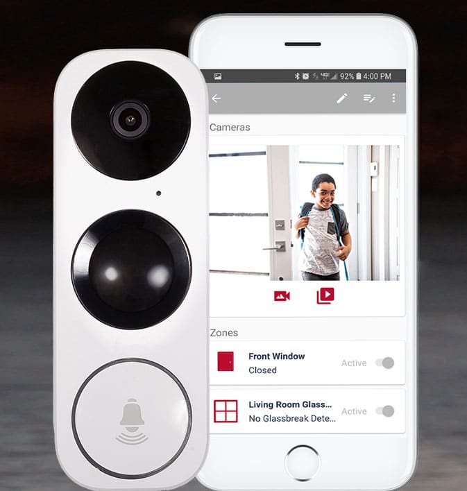 Doorbell camera and a phone showing a clip of a boy walking into the house. Also shows app functions.