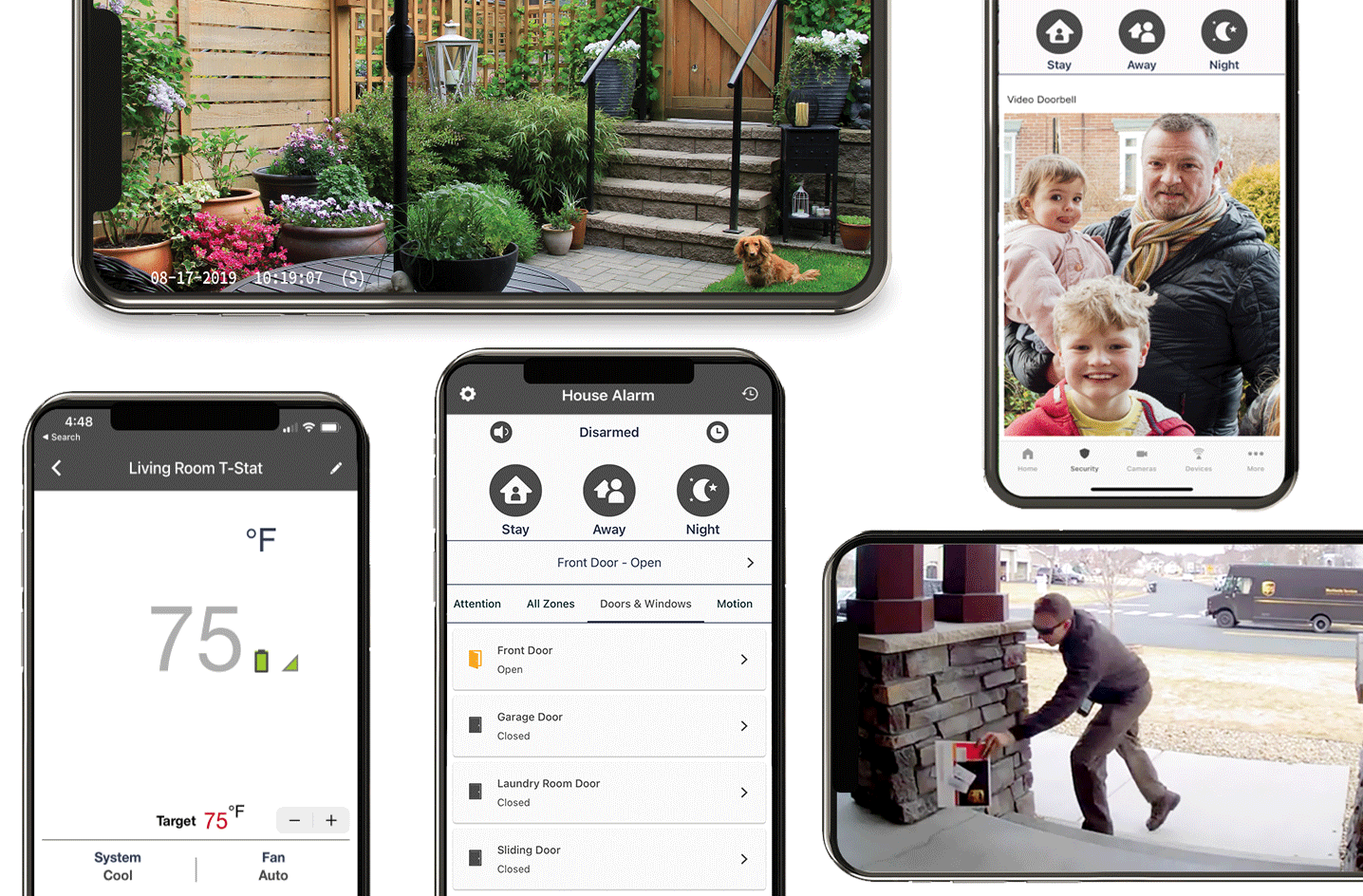 Examples of mobile app screens for cameras, security system, and smart home controls.
